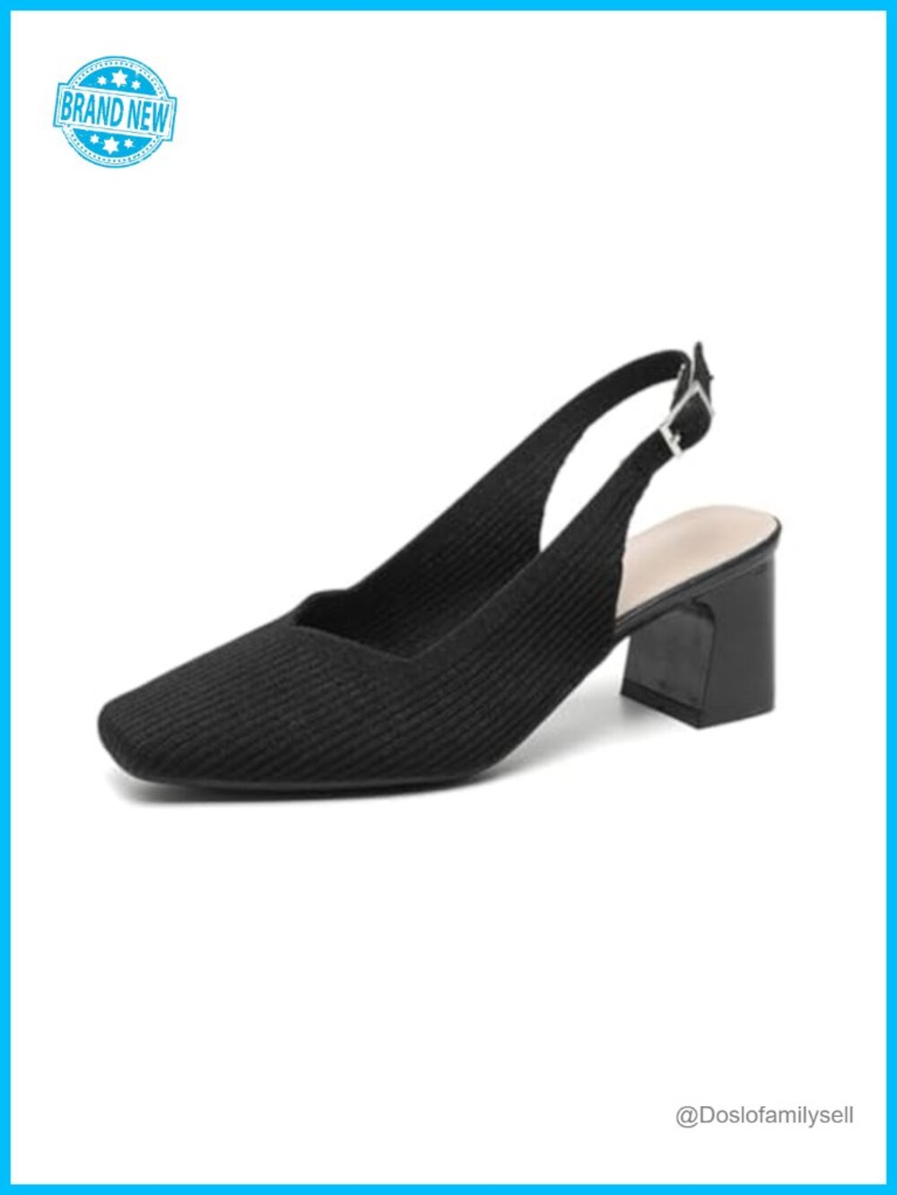 Knit Slingback Heels Closed Square Toe Chunky Block Heel Adjustable Ankle Strap